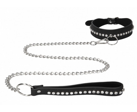 Черный ошейник с поводком Diamond Studded Collar With Leash