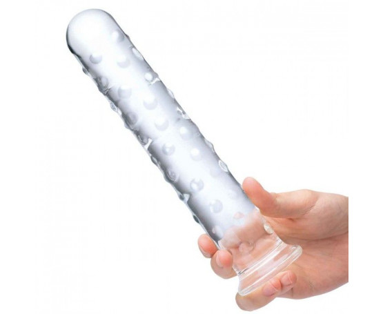 Прозрачный стеклянный фаллос с массажным рельефом 10  Extra Large Glass Dildo - 25,5 см.