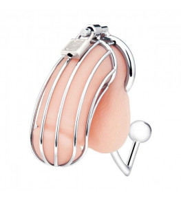 Серебристая металлическая клетка с анальным стимулятором Cock Cage