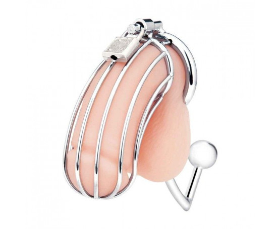 Серебристая металлическая клетка с анальным стимулятором Cock Cage