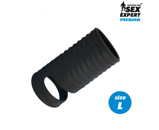 Черная открытая насадка на пенис с кольцом для мошонки L-size - 8,5 см.