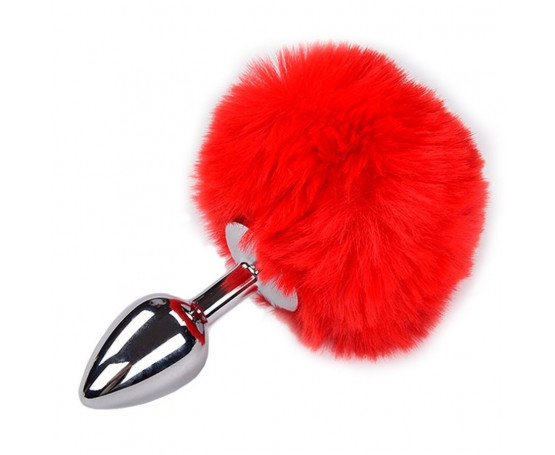 Серебристая анальная пробка с красным хвостиком Metal Anal Fluffy Size S