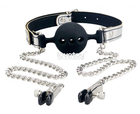 Серебристо-черный кляп с зажимами на соски Breathable Ball Gag With Nipple Clamp
