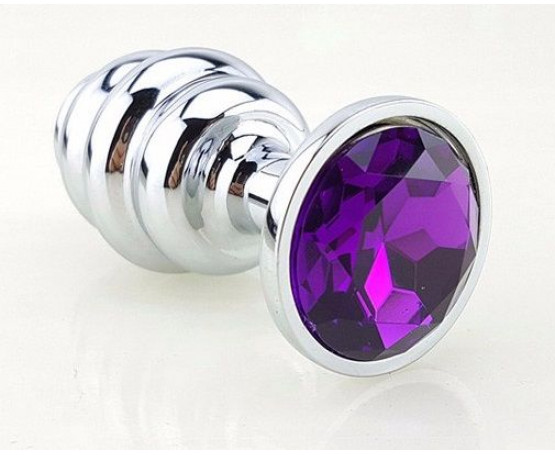 Серебристая рифлёная пробка с фиолетовым кристаллом - 9 см.