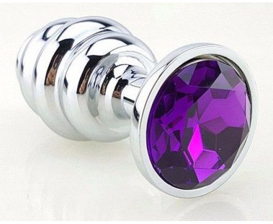 Серебристая фигурная анальная пробка с фиолетовым кристаллом - 8 см.
