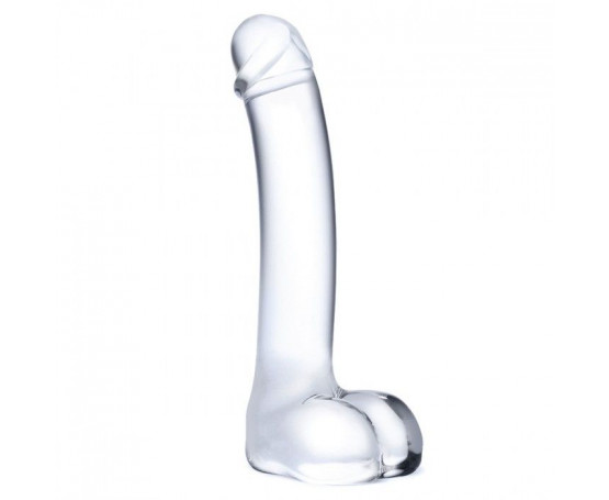 Прозрачный стеклянный фаллос с мошонкой Curved G-Spot - 18 см.