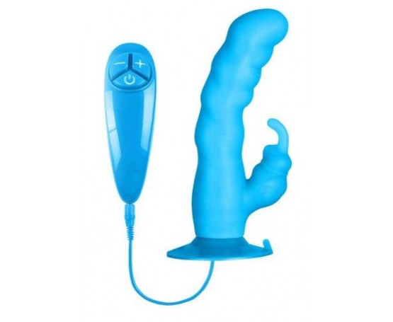 Голубой вибратор с клиторальным стимулятором BUNNY ICY - 18 см.