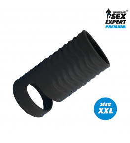 Черная открытая насадка на пенис с кольцом для мошонки XXL-size - 9,4 см.