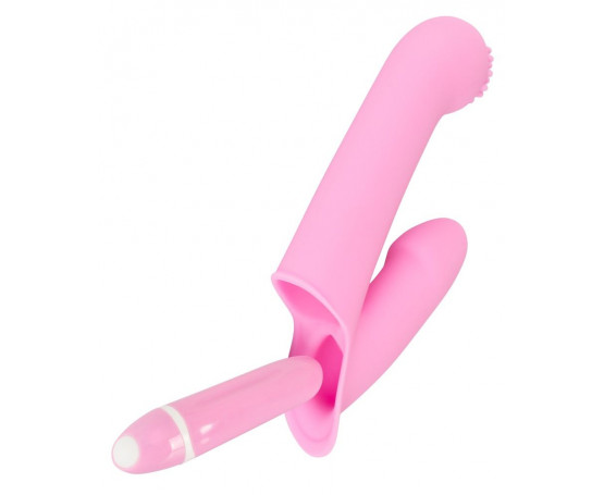 Нежно-розовая двойная вибронасадка на палец Vibrating Finger Extension - 17 см.