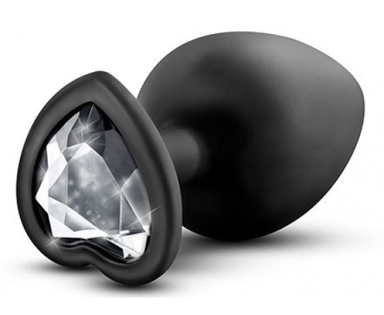 Черная анальная пробка с прозрачным стразом-сердечком Bling Plug Large - 9,5 см.