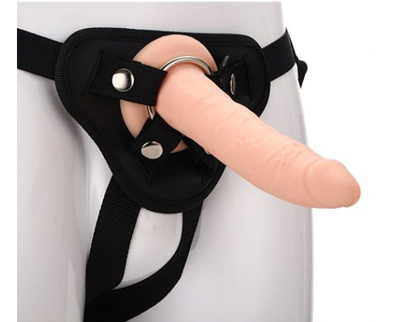 Телесный страпон на черных трусиках STRAP ON REAL DILDO - 20 см.