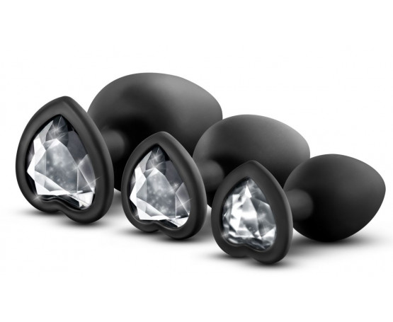 Набор из 3 черных пробок с прозрачным кристаллом-сердечком Bling Plugs Training Kit