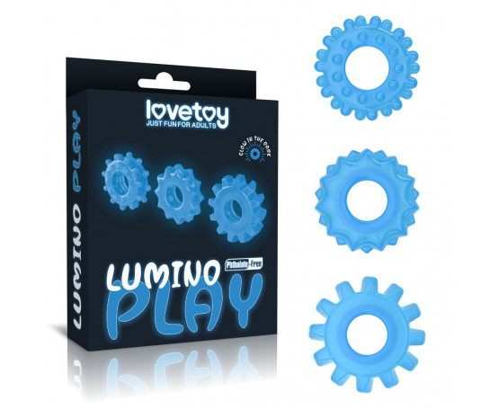 Набор из 3 голубых, светящихся в темноте эрекционных колец Lumino Play