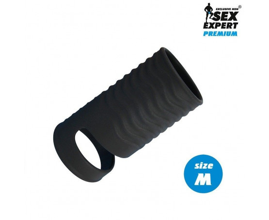 Черная открытая насадка на пенис с кольцом для мошонки size M - 7,9 см.