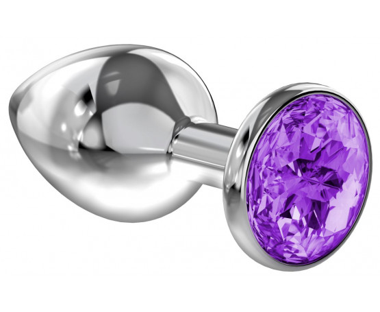 Большая серебристая анальная пробка Diamond Purple Sparkle Large с фиолетовым кристаллом - 8 см.