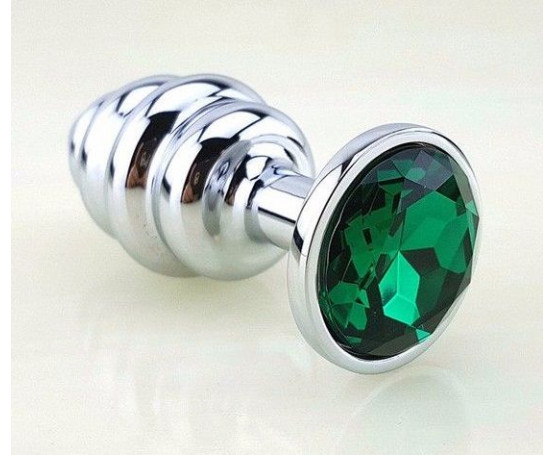 Серебристая фигурная анальная пробка с зеленым стразом - 8 см.
